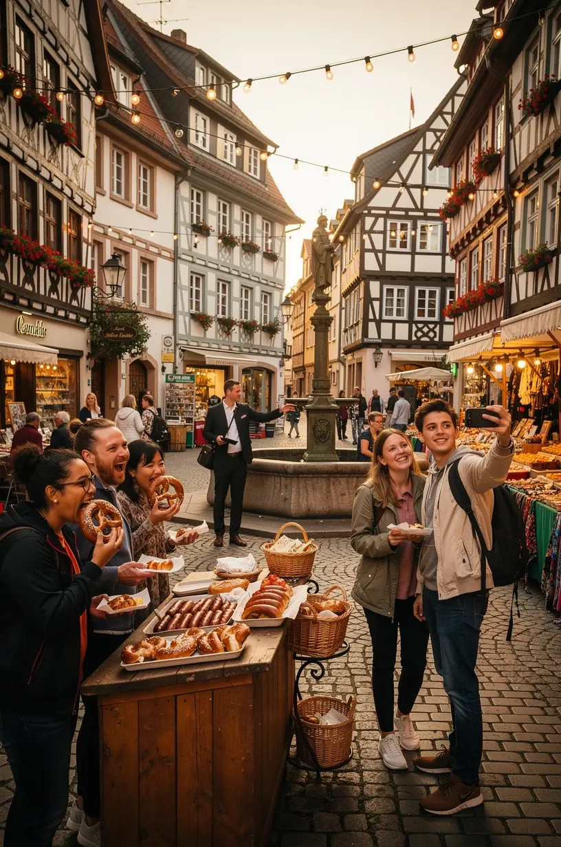 Reisende Gruppe vor einem mittelalterlichen Schloss, die an einer thematischen Führung teilnimmt, die Geschichte und Architektur vermittelt.